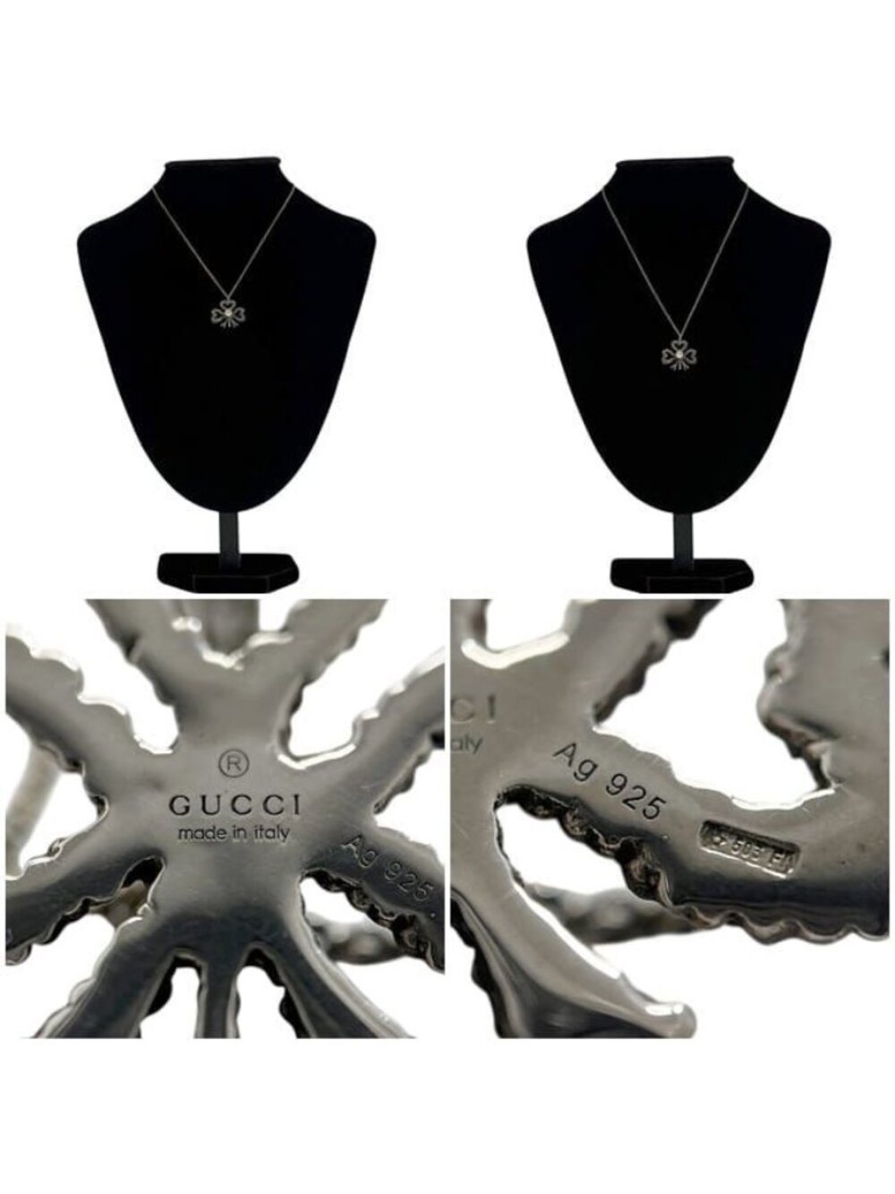 Gucci Necklace Silver Interlocking Clover 925 Sterling Faux Pearl - Picture 3 of 10
